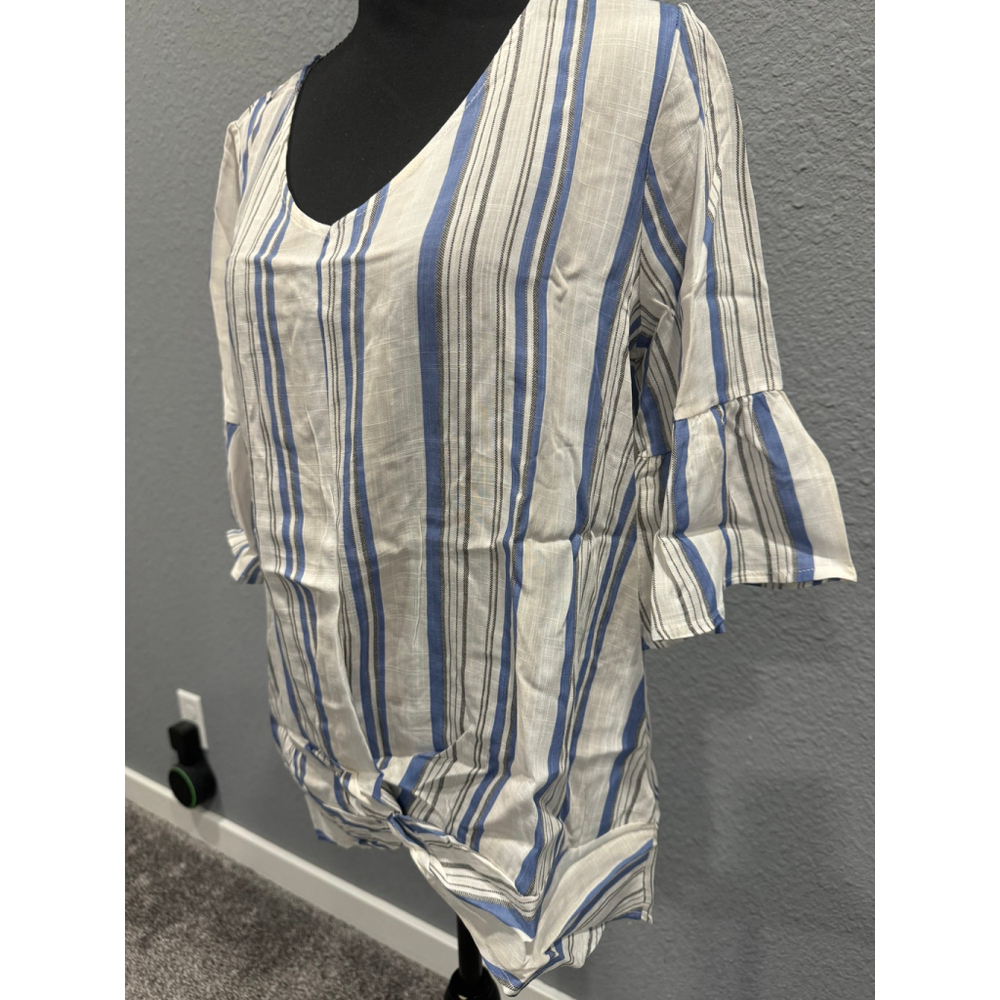 Cotton Bleu Striped Blouse with Front Knot, SZ M NWOT - Picture 2 of 11